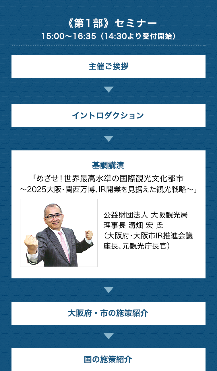 《第1部》セミナー　15:00〜16:35(14:30より受付開始)　主催ご挨拶 イントロダクション 基調講演「めざせ！世界最高水準の国際観光文化都市～2025大阪万博、IR開業を見据えた観光戦略～」公益財団法人 大阪観光局理事長 溝畑 宏 氏（大阪府・大阪市IR推進会議座長、元観光庁長官） 大阪府・市の施策紹介 国の施策紹介